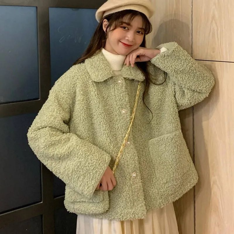 Moda Toamna Iarna Cald Moale Buton Sacou Blana Dulce Elegant Faux Blana Femei Pluș În Buzunarul Pardesiului Casual Teddy Îmbrăcăminte Exterioară