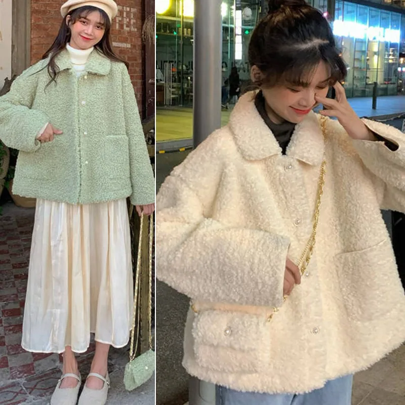 Moda Toamna Iarna Cald Moale Buton Sacou Blana Dulce Elegant Faux Blana Femei Pluș În Buzunarul Pardesiului Casual Teddy Îmbrăcăminte Exterioară
