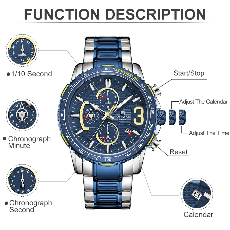 NAVIFORCE Mens Quartz Multifunctional Cronograf Ceasuri Sport de Moda Impermeabil Militare de Lux de Top din Oțel Inoxidabil Ceas