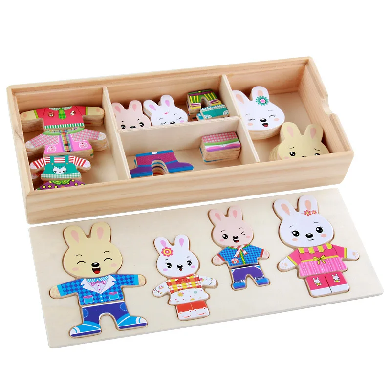 Montessori Nou Iepure Dressing Puzzle din Lemn pentru Copii Cognitive Potrivire Jucărie din Lemn cu Cutie de Depozitare Jucărie Cadouri pentru Copii