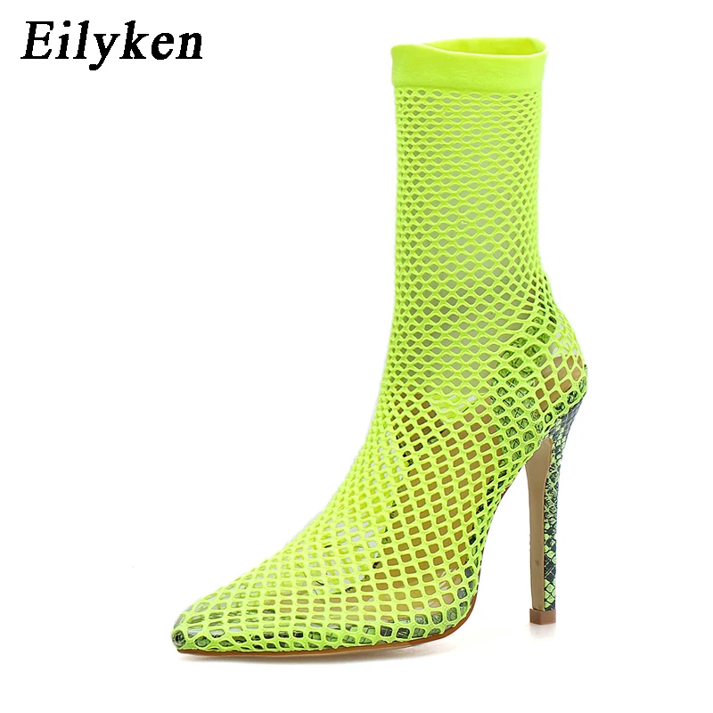 Eilyken Fluorescente greent Femei Subliniat Toe Plasă de Găuri Sandale Sexy Pantofi de Vara Respirabil Rece OL Petrecere cu Toc Glezna Cizme