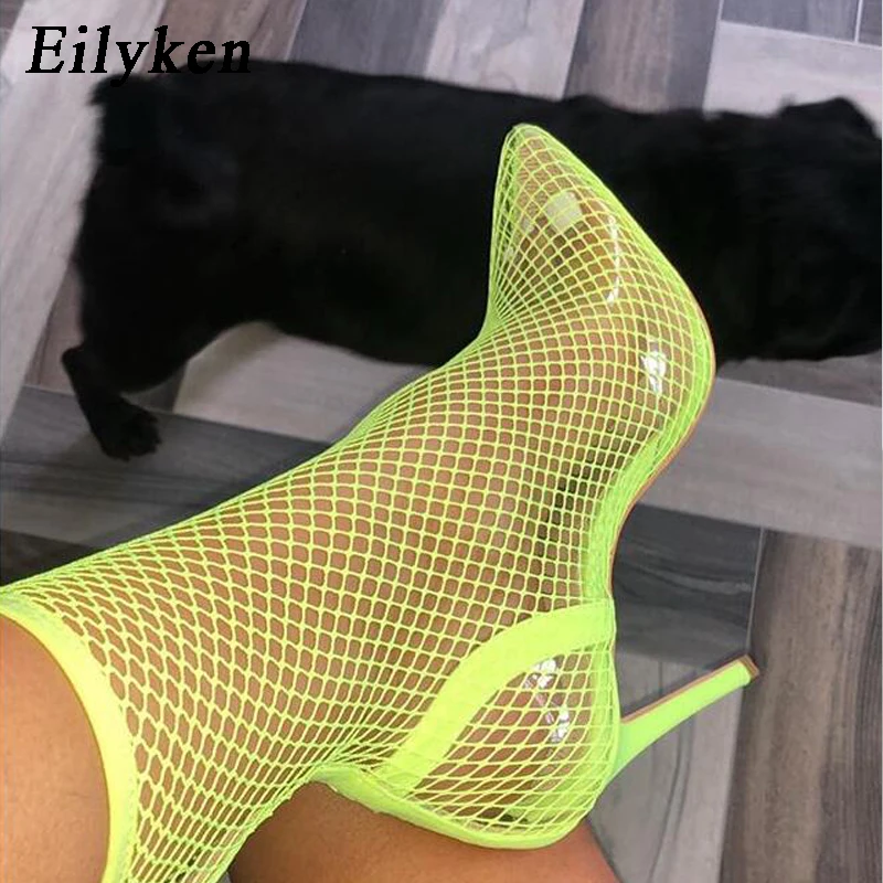 Eilyken Fluorescente greent Femei Subliniat Toe Plasă de Găuri Sandale Sexy Pantofi de Vara Respirabil Rece OL Petrecere cu Toc Glezna Cizme
