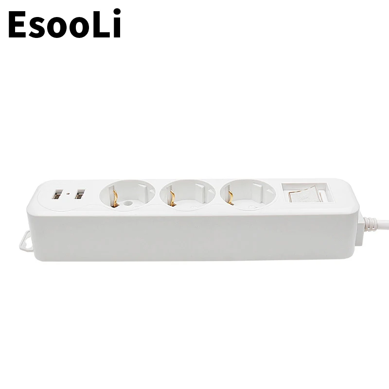 Esooli prelungitor Dual USB Portul de Încărcare 3 AC UE Outlet Priză de Extensie Plug Butonul Power Surge Protector 2M Pur Sârmă de Cupru