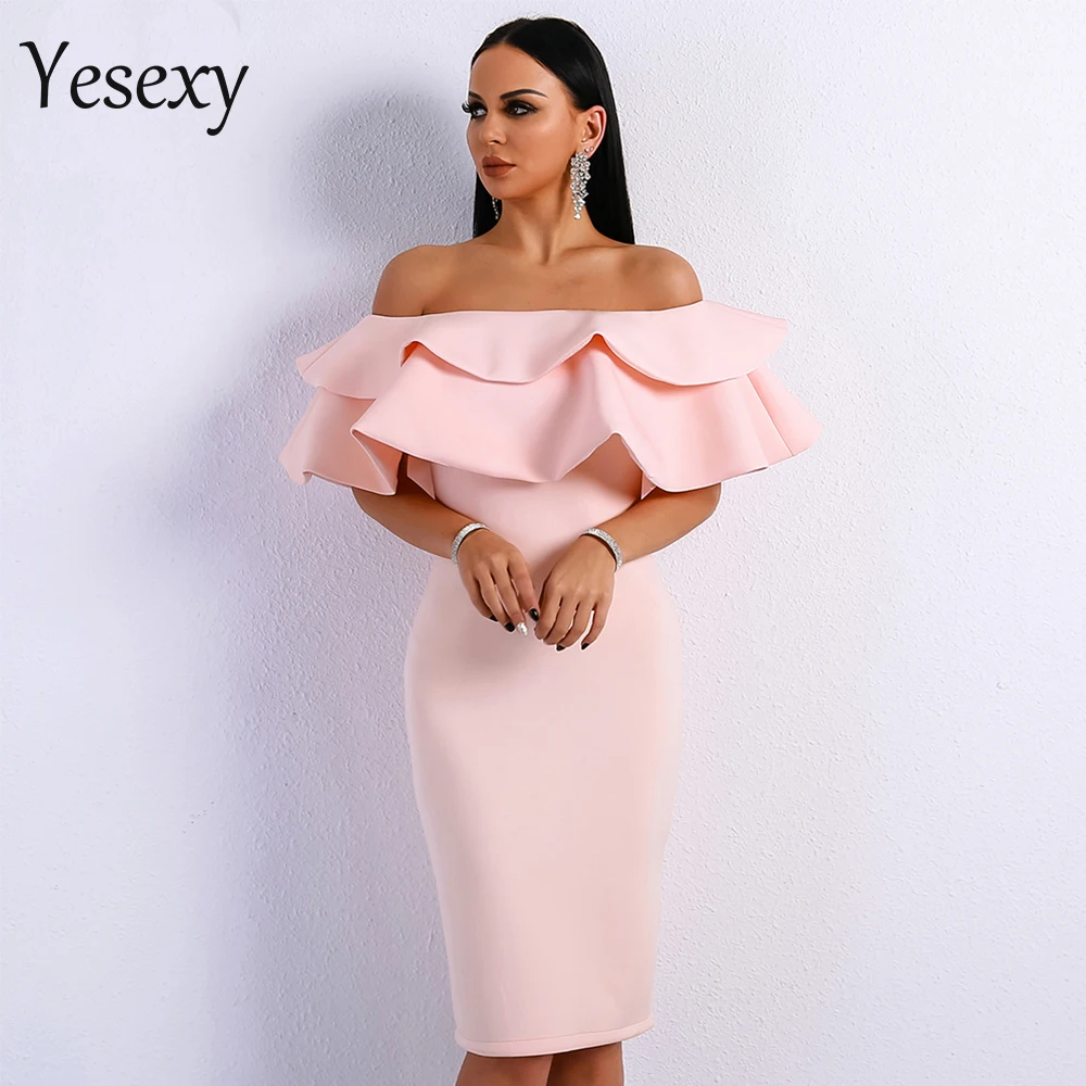 Yesexy 2021 Sexy Slash Gât Volane Elegante, Feminine Rochii Midi de Culoare Solidă Toamna Femei Rochie de Petrecere vestidos VR9076