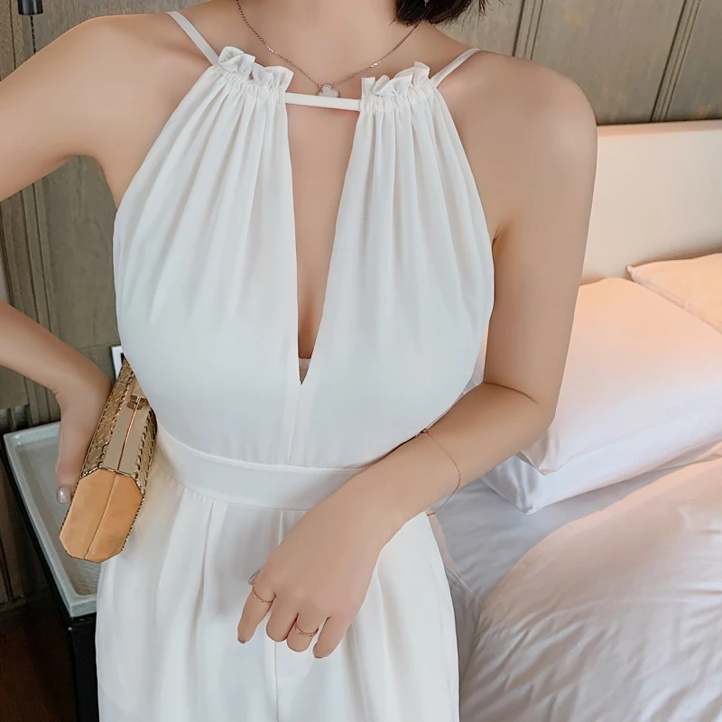 New sosire moda de vară șifon alb costume femei elegante, sexy spaghete curea temperament simplu partid lungi, salopete