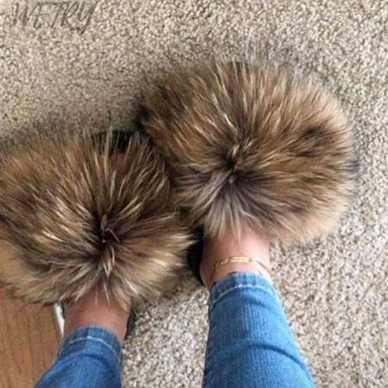 2020 Real Fox Papuci Pufosi Papuci De Blană De Vulpe Diapozitive Fuzzy Glisante Moale Blana De Pluș Catâri Pantofi De Vara Pentru Femei