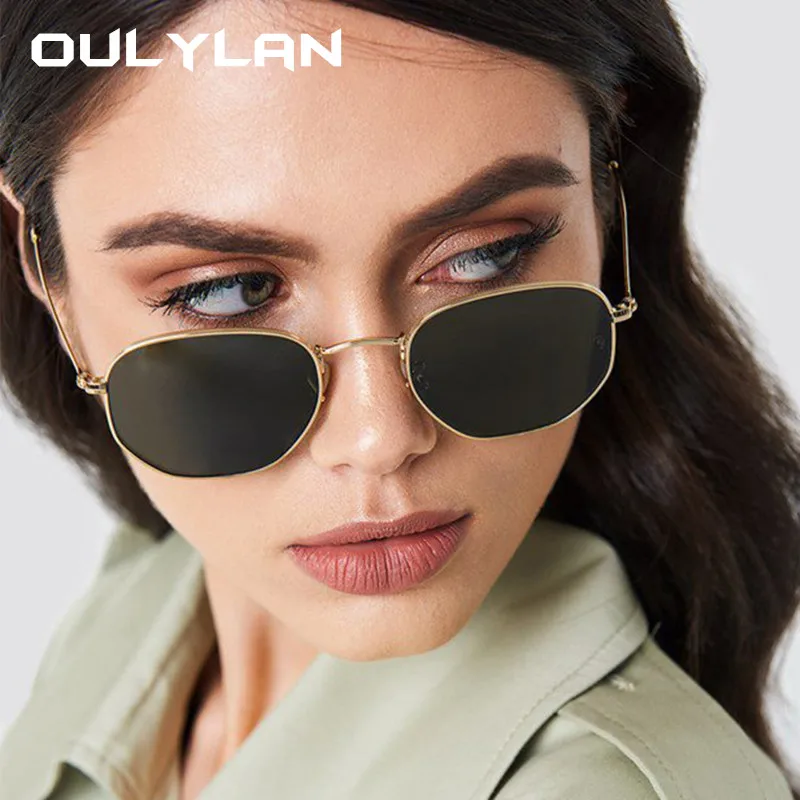 Oulylan Poligon ochelari de Soare Femei Vintage Marca Cadru Mic de Metal Ochelari de Soare Nuante Bărbați UV400 Obiectiv Clar ochelari de soare Ochelari de sex Feminin