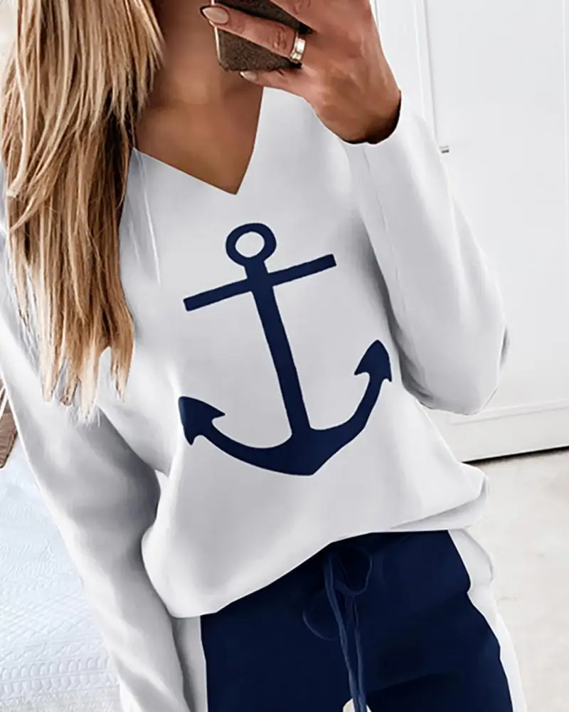 2021 Femei De Moda Elegant Casual Barca Anchor Print Cu Maneci Lungi De Sus Și De Cordon Talie Pantaloni Set Primavara Toamna