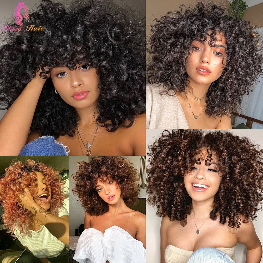 Scurt Afro Ondulat Peruca Pentru Femei De Culoare Maro Amestecat Blonda Halloween Sintetice Peruci Cosplay Cu Breton Rezistente La Căldură Lizzy Păr