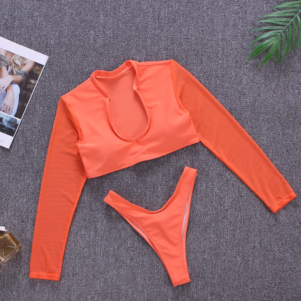 Bangniweigou Neon Orange Set De Baie Femei Ochiuri Maneca Lunga Umplutură Crop Top Si Pantalon 2 Bucata Sexy Tinutele De Plaja Thong Bodysuit Seturi