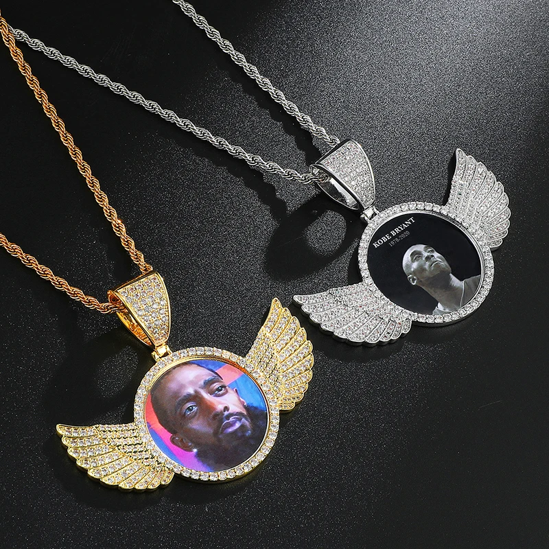 US7 Personalizate Foto Cu Cristal Aripi de Înger Pandantive Coliere de Aur de Argint de Culoare Zirconiu Cubi Bărbați Femei Hip-Hop-Cadouri Bijuterii