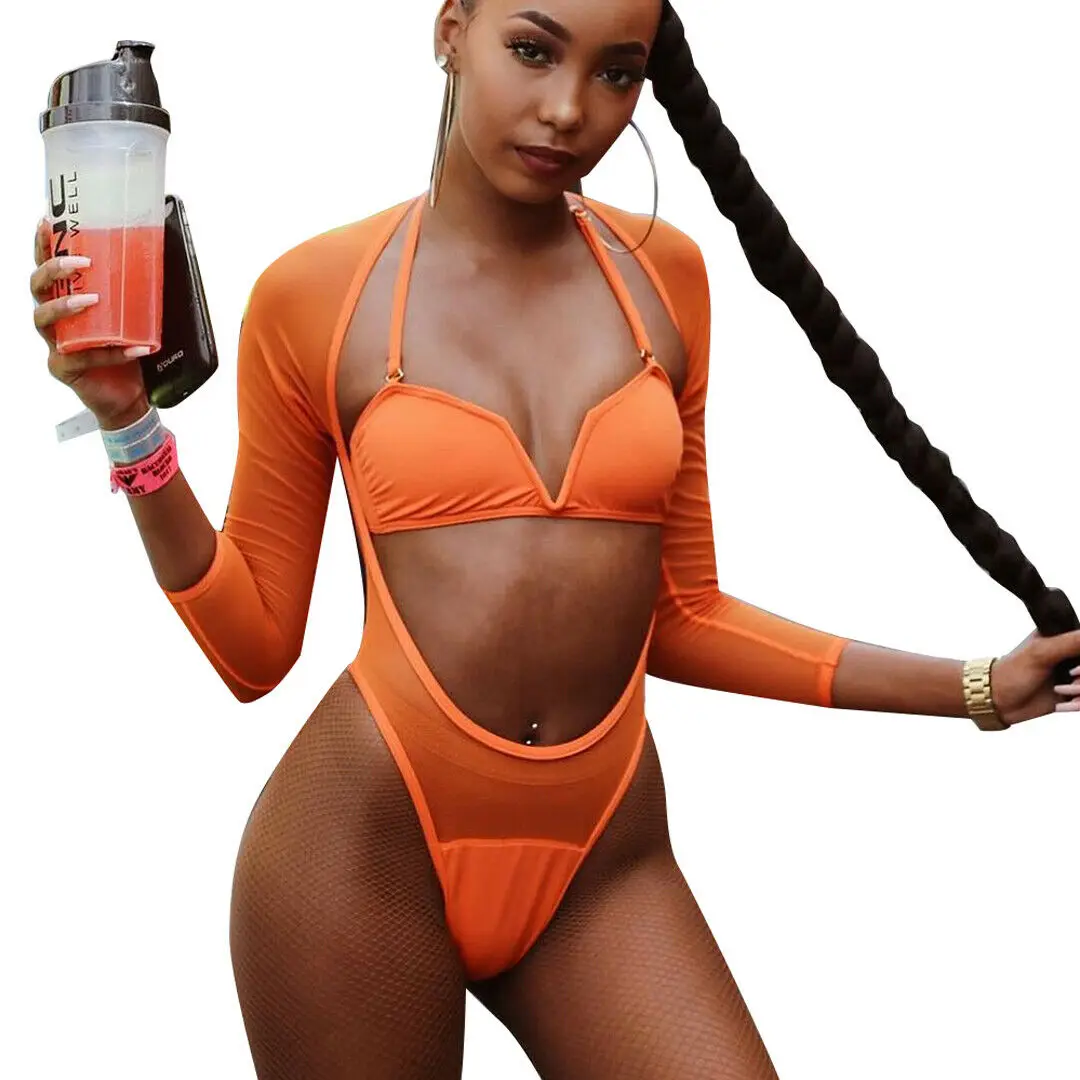 2019 Noi Femei cu Maneci Lungi Mesh Bikini Set Plaja Solid V-Neck Crop Topuri Tricou, costume de Baie, Costume de baie, S-XL
