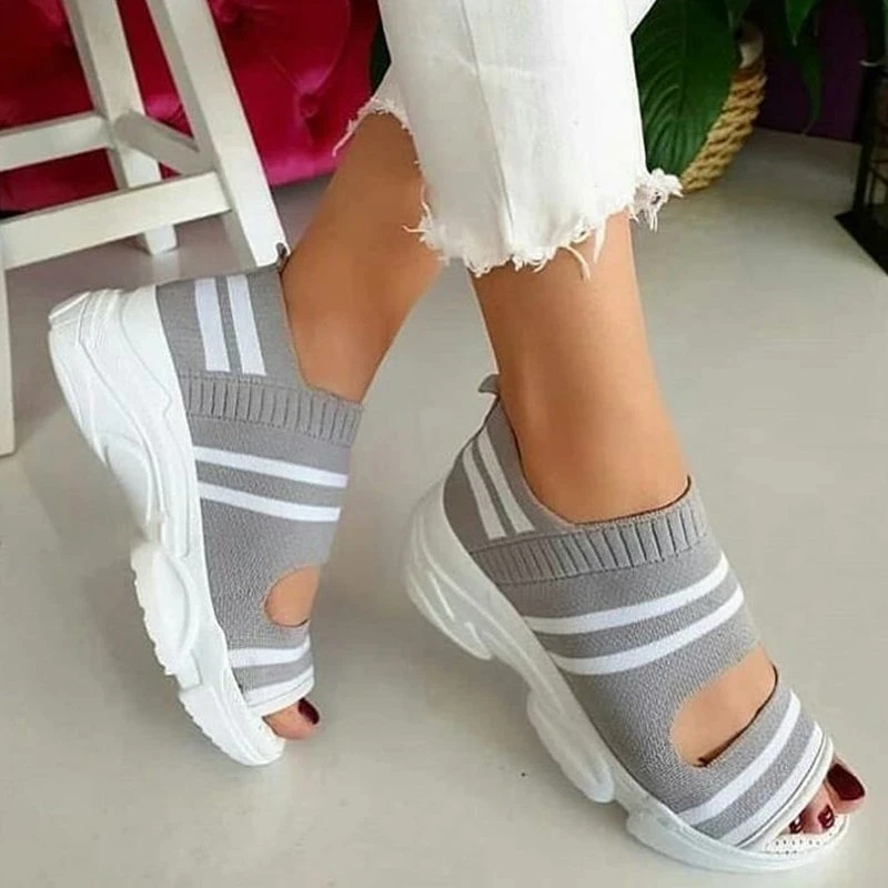 Nouă Femei Sandale 2021 Tocuri Platforma Femei Pantofi Casual De Vara De Sex Feminin Adidași De Tricotat Aluneca Pe Peep Toe Sandale Femei