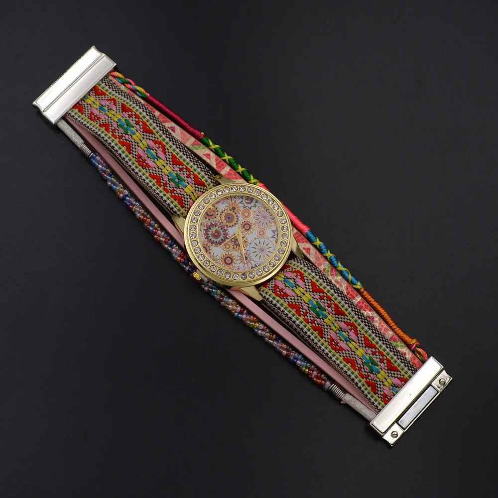 WELLMORE nou stil Boemia pline de culoare margele cu piele brățară ceas moda&casual cuarț Ceasuri de mana pentru femei