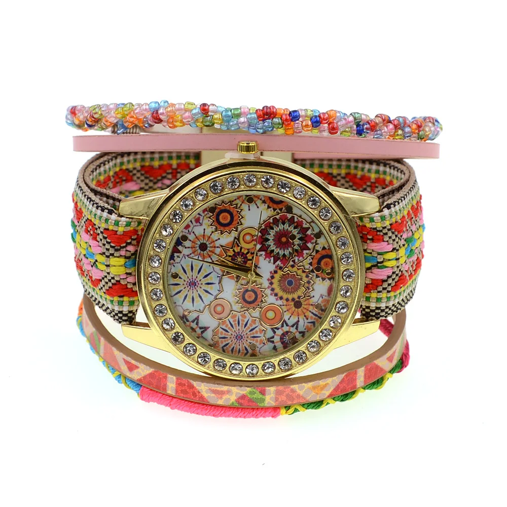 WELLMORE nou stil Boemia pline de culoare margele cu piele brățară ceas moda&casual cuarț Ceasuri de mana pentru femei