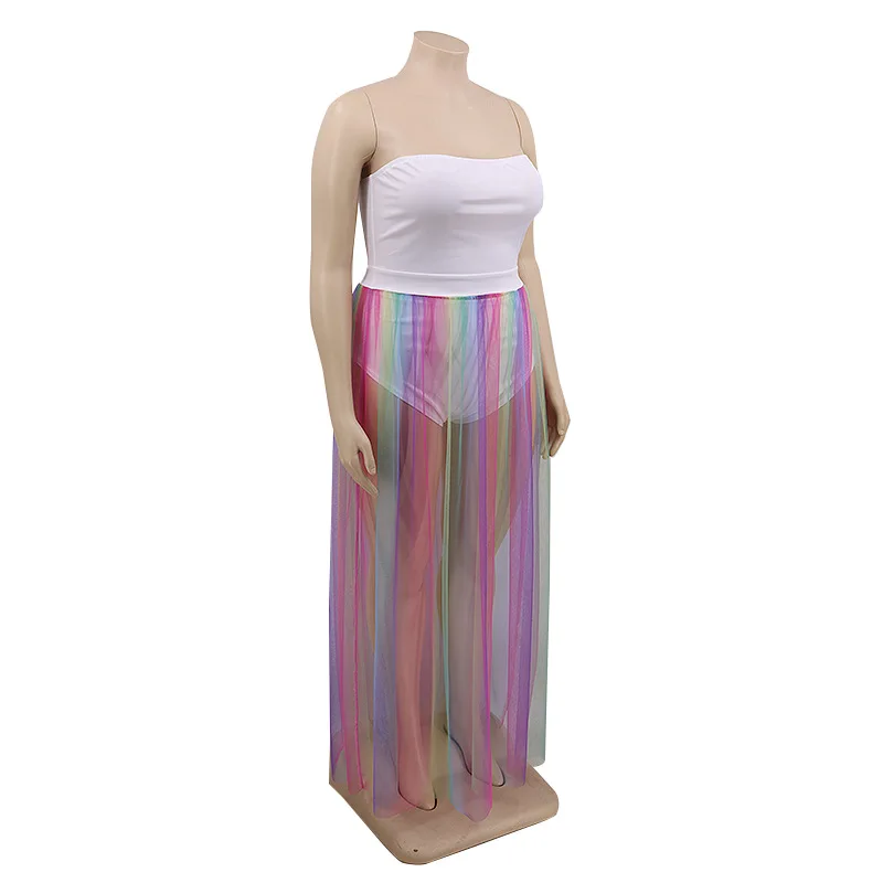 Adogirl Plus Dimensiune XL-5XL Femei din Două Piese Set Rochie fara Bretele Bodysuit ochiurilor de Plasă Pur Rainbow Stripe Maxi Fusta Costum Petrecere