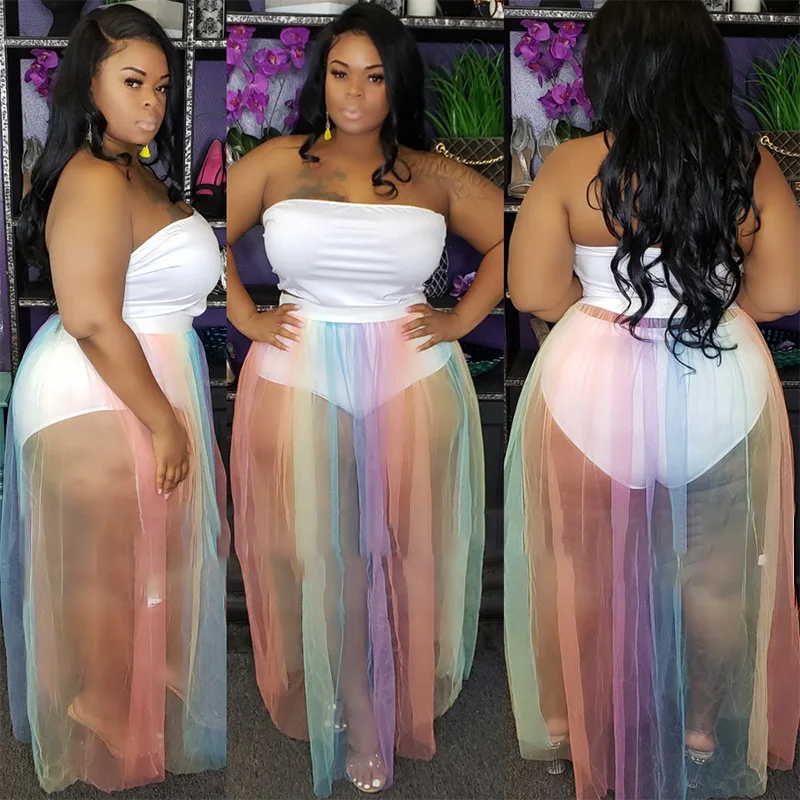Adogirl Plus Dimensiune XL-5XL Femei din Două Piese Set Rochie fara Bretele Bodysuit ochiurilor de Plasă Pur Rainbow Stripe Maxi Fusta Costum Petrecere