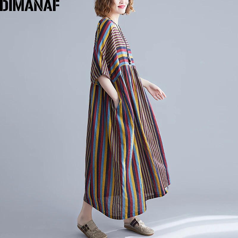 DIMANAF Femei, Plus Dimensiune Rochie Vintage de Dimensiuni Mari Toamnă Doamnă Elegantă Vestidos de Imprimare cu Dungi de sex Feminin Rochie de Bumbac Liber 5XL 6XL 2019
