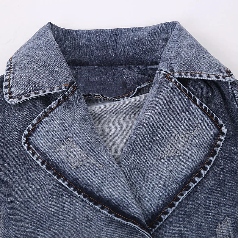 De Vânzare la cald 2017 primavara toamna anului nou denim femei top dublu rânduri bază jachete costum guler vrac mediu-lung îmbrăcăminte exterioară jean haina