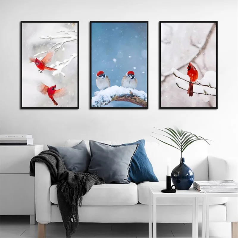 Nordic Print Canvas Tablou Modern Iarna Cedru Roșu Pasăre Pictura Decorativa Poster Art Decor Dormitor, Camera De Zi Murală