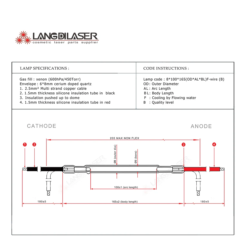 Yag laser pompa de lampă , dimensiune : 8*100*165F - fir , laser YAG lampă cu xenon flash , xenon lampa cu arc pentru ND:YAG laser