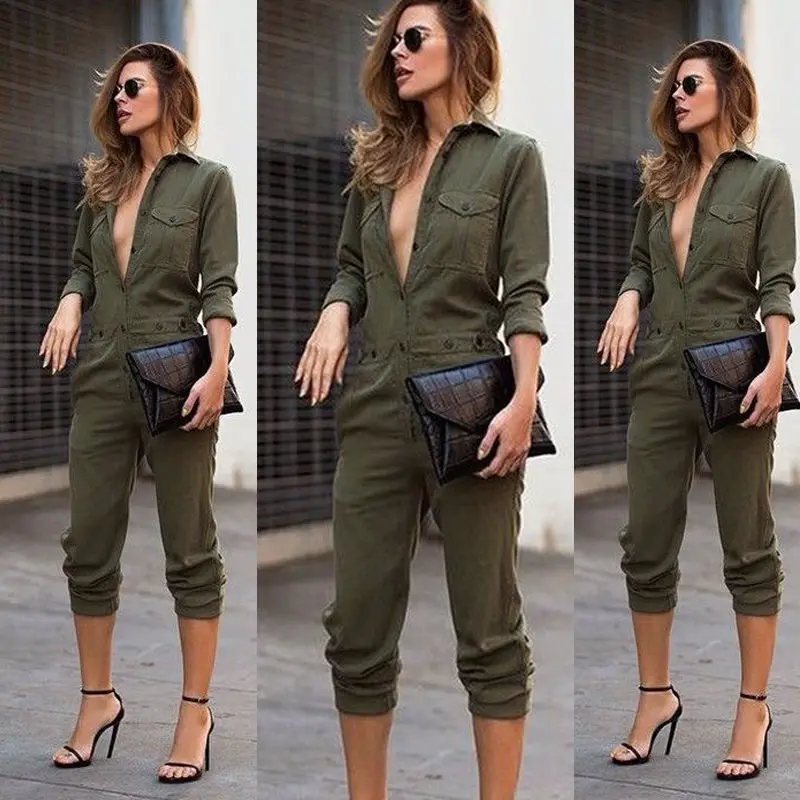 Femei Vintage Militare Pantaloni Lungi Costum Slim Bodycon Salopeta cu Maneci Lungi Armata Verde Solid Casual Pantaloni de Marfă