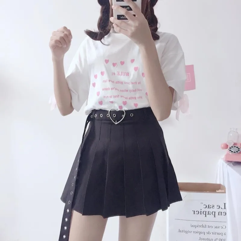 Harajuku Solid Fusta Plisata cu Talie Înaltă Roz Fusta a-Line Drăguț coreeană Uniforme sex Feminin Kawaii Femei de Jos Fusta Midi inima Eșarfe