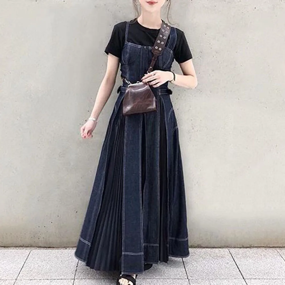 O Singură Bucată Rochie Denim Moda Coreeană Stil Curea De Spaghete Mozaic Timp Vestidos 2020 Toamna Femei Albastru Maxi Jean Rochie Plisată