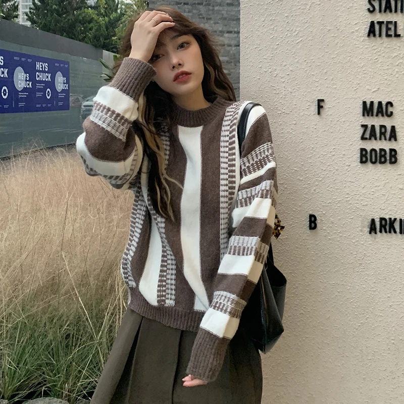 2Colors 2020 toamnă iarnă stil coreean stripe loose Pulovere Tricotate Pulover și pulover femei (C8186)