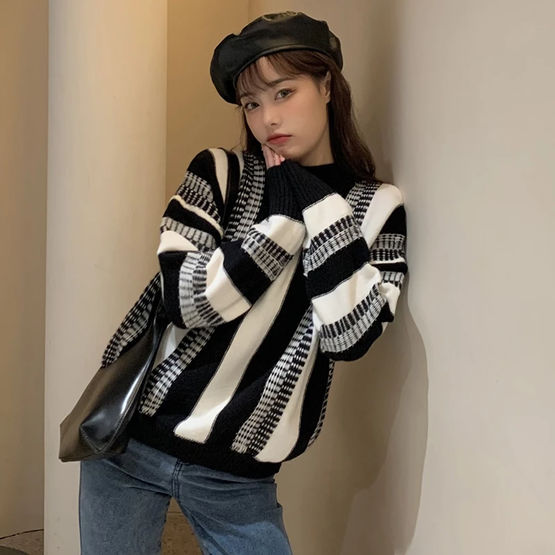 2Colors 2020 toamnă iarnă stil coreean stripe loose Pulovere Tricotate Pulover și pulover femei (C8186)
