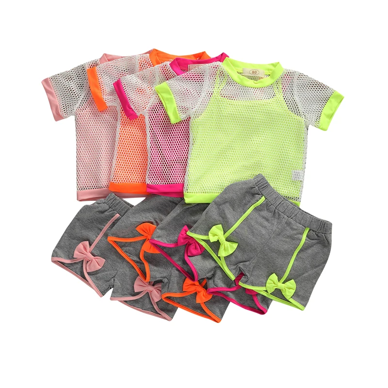 1-6Y Casual Infant Fete pentru Copii Haine Seturi de 3 buc Solid Vesta Topuri+Net Maneca Scurta Camasi Topuri+Arc Solidă pantaloni Scurți 4 Culori