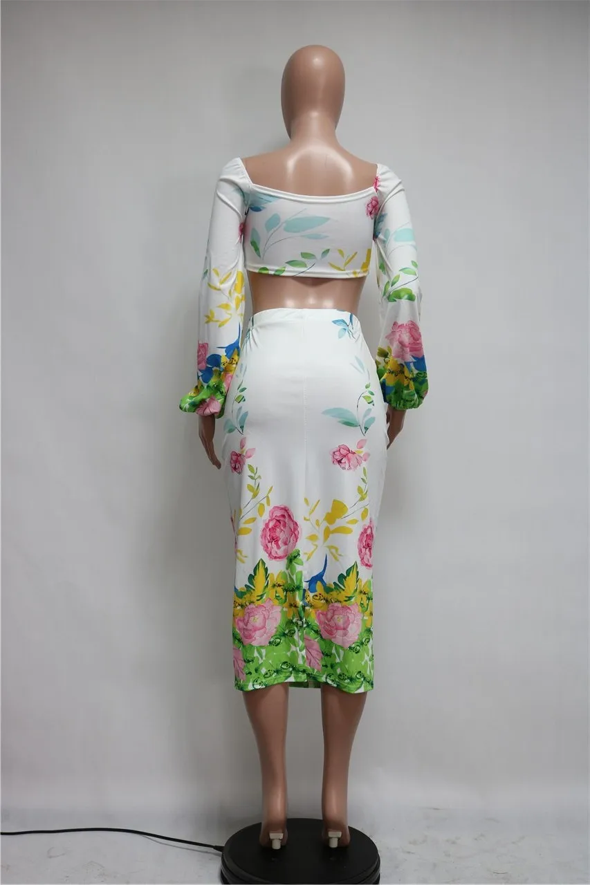 Femei din Două Piese Florale Imprimate Costume Long Sleeve Tie Front Top de Cultură și Midi Bodycon Fusta Set