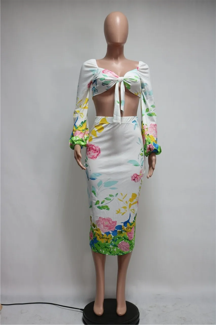 Femei din Două Piese Florale Imprimate Costume Long Sleeve Tie Front Top de Cultură și Midi Bodycon Fusta Set