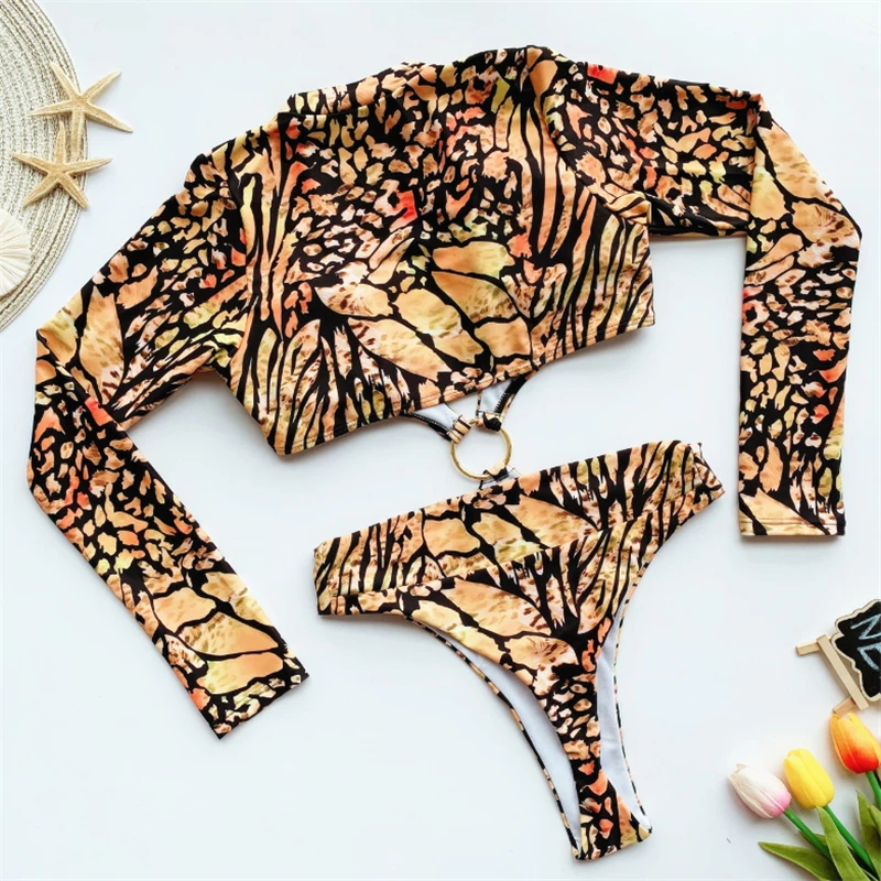JCSWIM Leopard de Imprimare de Costume de baie Bikini Femei 2020 Sexy cu Maneci Lungi Retro costume de Baie de Vară, de Plajă, îmbrăcăminte Costum de Baie Femei O singură Bucată