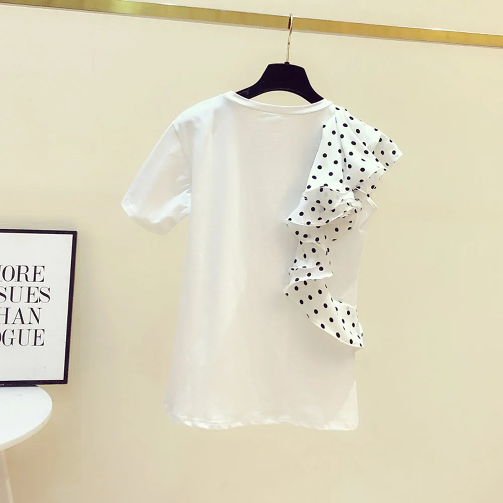 Polka Dot Ciufulit T-shirt Femei Împletit 2020 Vara Noi cu mânecă Scurtă coreean tricouri Neregulate Liber Doamnelor Gât Topuri