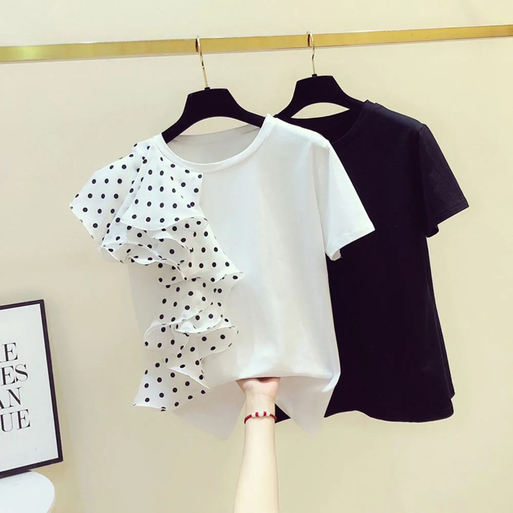 Polka Dot Ciufulit T-shirt Femei Împletit 2020 Vara Noi cu mânecă Scurtă coreean tricouri Neregulate Liber Doamnelor Gât Topuri