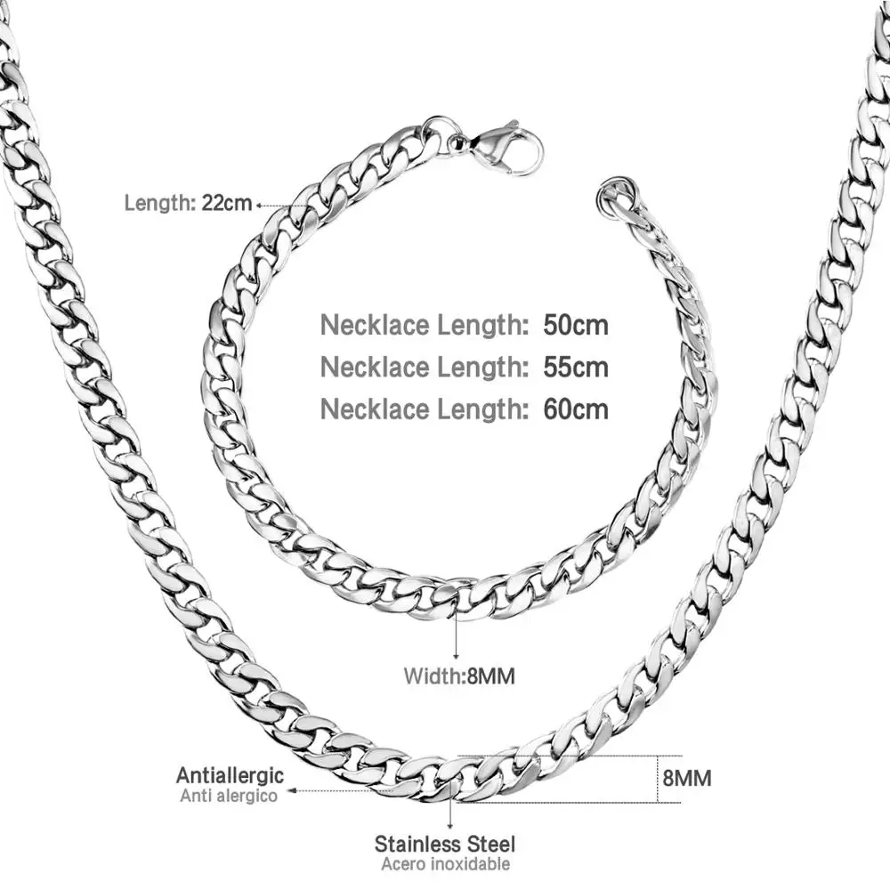 LUXUSTEEL Set Colier accesorios mujer Oțel Inoxidabil Latime 7mm 50cm 55cm 60cm Culoare Argintie Lanțuri, Brățări Seturi de Bărbați