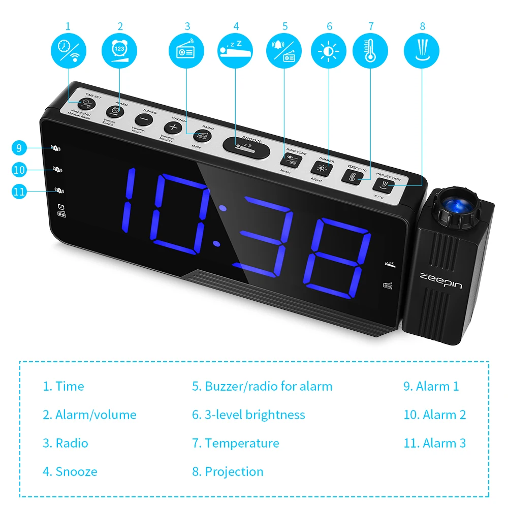 Proiector Digital Radio cu Ceas desteptator, Snooze Timer Temperatură LED Display USB Cablu de Încărcare 110 Grade Masă de Perete Radio FM Ceas