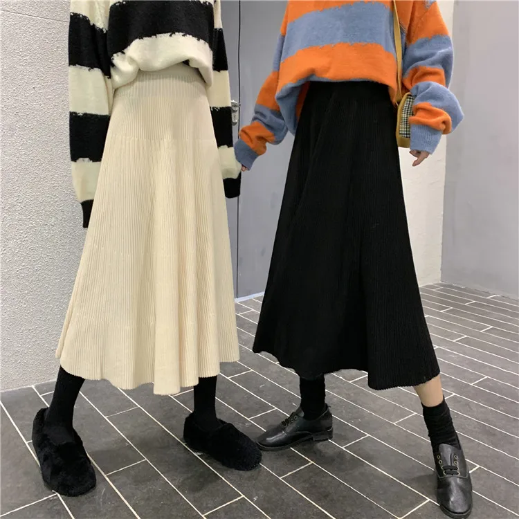 De iarnă pentru Femei Fuste Midi coreean Casual Femei-linie de Semnalizare Talie Mare Solidă Tricot Tricot Gros Pulover Lung Fusta Femei