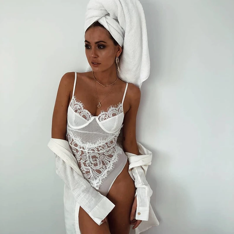 Sexy Flower Lace Bodysuit alb Transparent Body Femei V-Gât Curea fără Mâneci fara Spate Slab Bodycon Salopetă Bodysuit