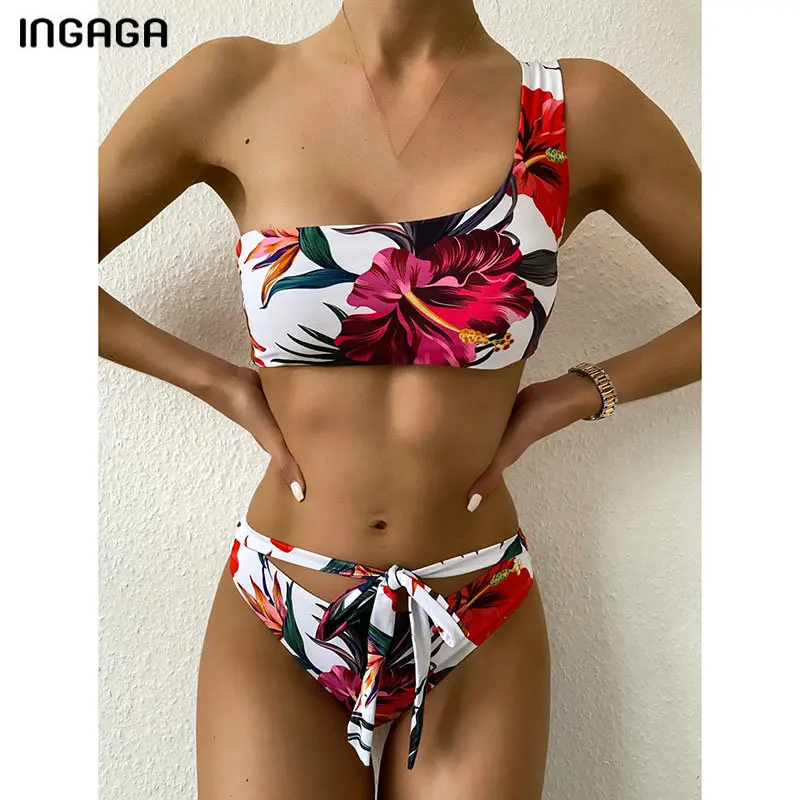 INGAGA 2021 Bikini Costume de baie pe Un Umăr Costume de baie Femei Florale Imprimare Biquini Push-Up Costum de Baie Femei Bandaj Arc Beachwear