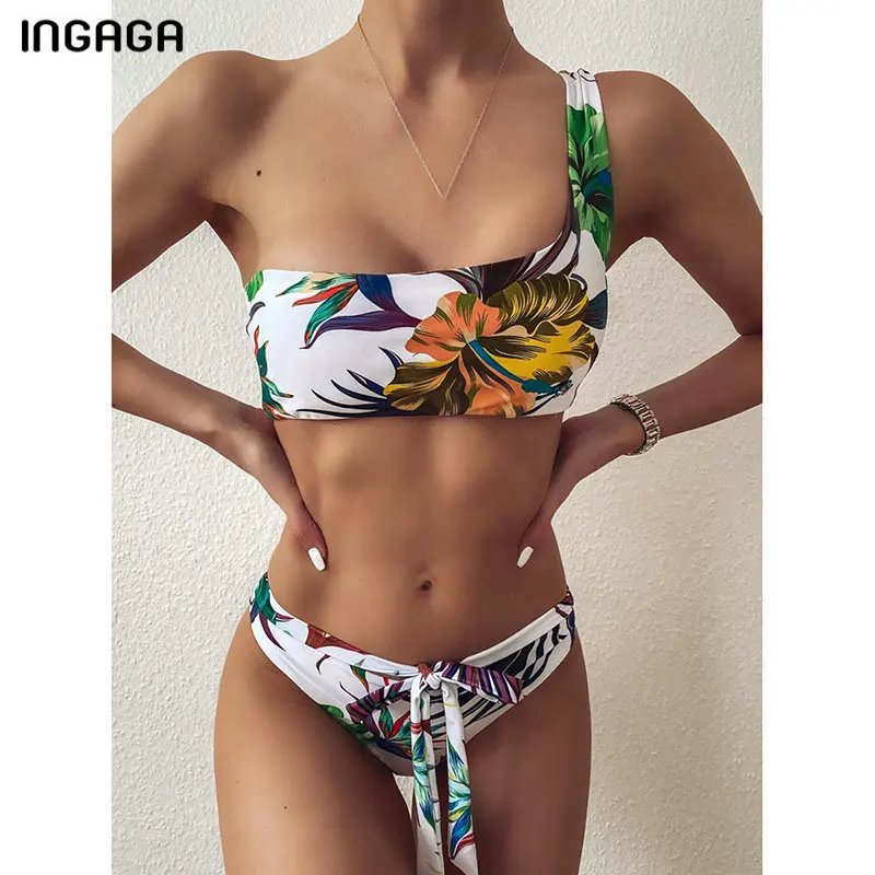 INGAGA 2021 Bikini Costume de baie pe Un Umăr Costume de baie Femei Florale Imprimare Biquini Push-Up Costum de Baie Femei Bandaj Arc Beachwear