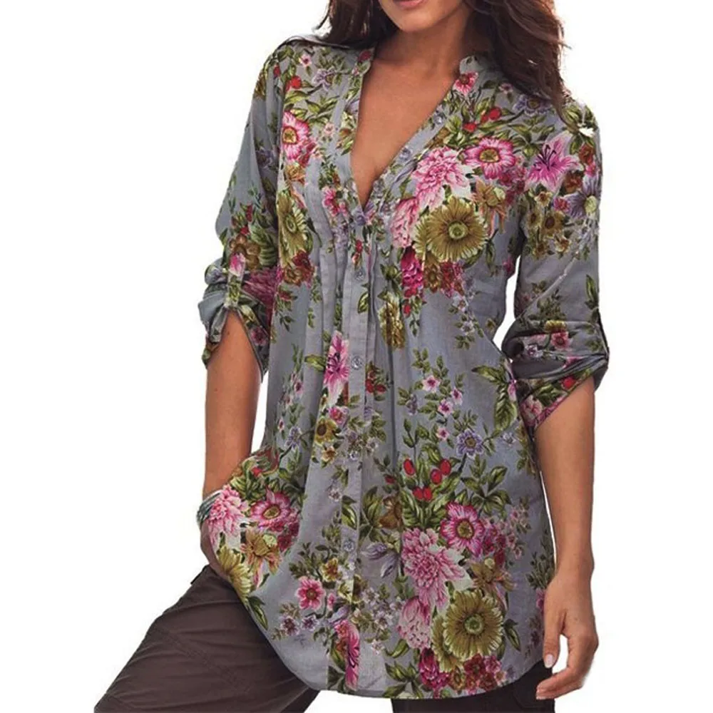 Moda Vara Femei Vintage Floral Print V-neck Tunic Topuri de Moda pentru Femei Plus Dimensiune Topuri Tricou #30