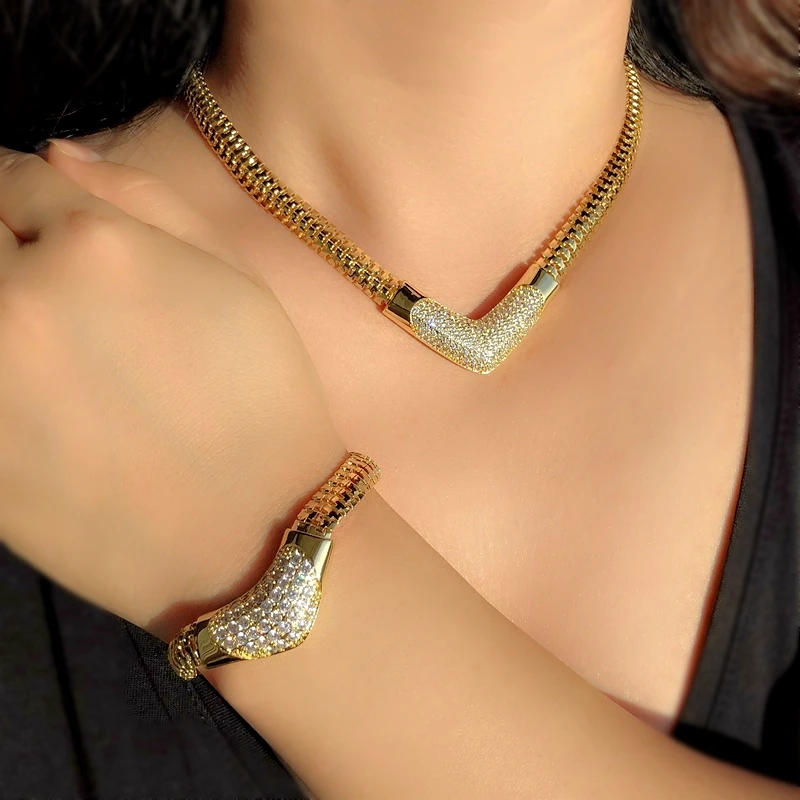 Moda Dubai Seturi de Bijuterii Pentru Femei de Lux Colier Inima Brățară de Aur de culoare Șarpe Lanț os de Mireasa fată de nunta bijuterii set