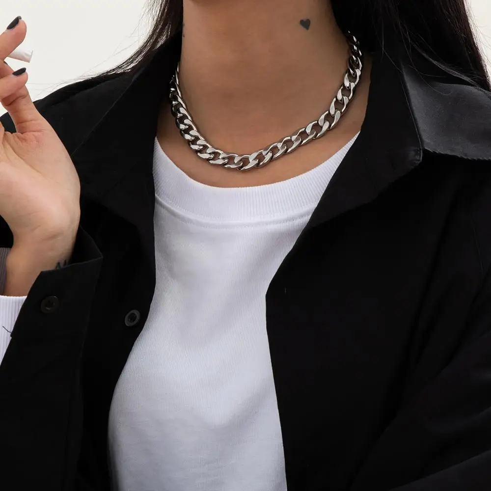 Punk Cubanez Scurt Cravată Colier Collares Goth Culoare Argintie Indesata Lanț De Metale Grele Din Oțel Inoxidabil Colier Barbati Femei Bijuterii
