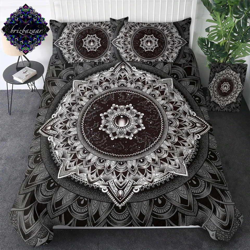 Mandala de Brizbazaar Set de Pat Alb Negru Floare Carpetă Acopere Univers Misterios Pat Set de Epocă de Piatră prețioasă Bohemia Lenjerie de pat