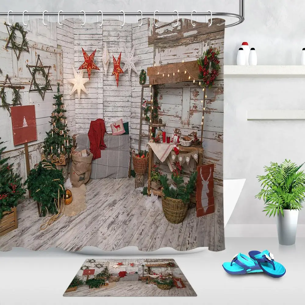 Crăciun fericit Cameră Frumoasă, cu Anul Nou Baie din Poliester Impermeabil Decor Tesatura Perdea de Duș De 12 Carlige & Preș