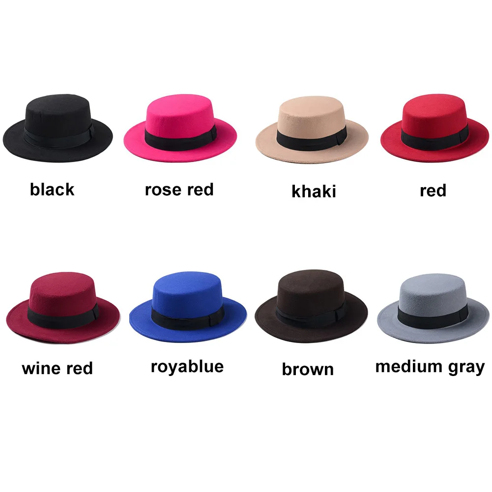 Flat Top Hat Ocaler Femei Wide Brim Fedora Pălărie De Moda Lână Luntraș Simțit Bazinul CapWinter Toamna Clasic De Culoare Solidă De Top De Jazz Capac
