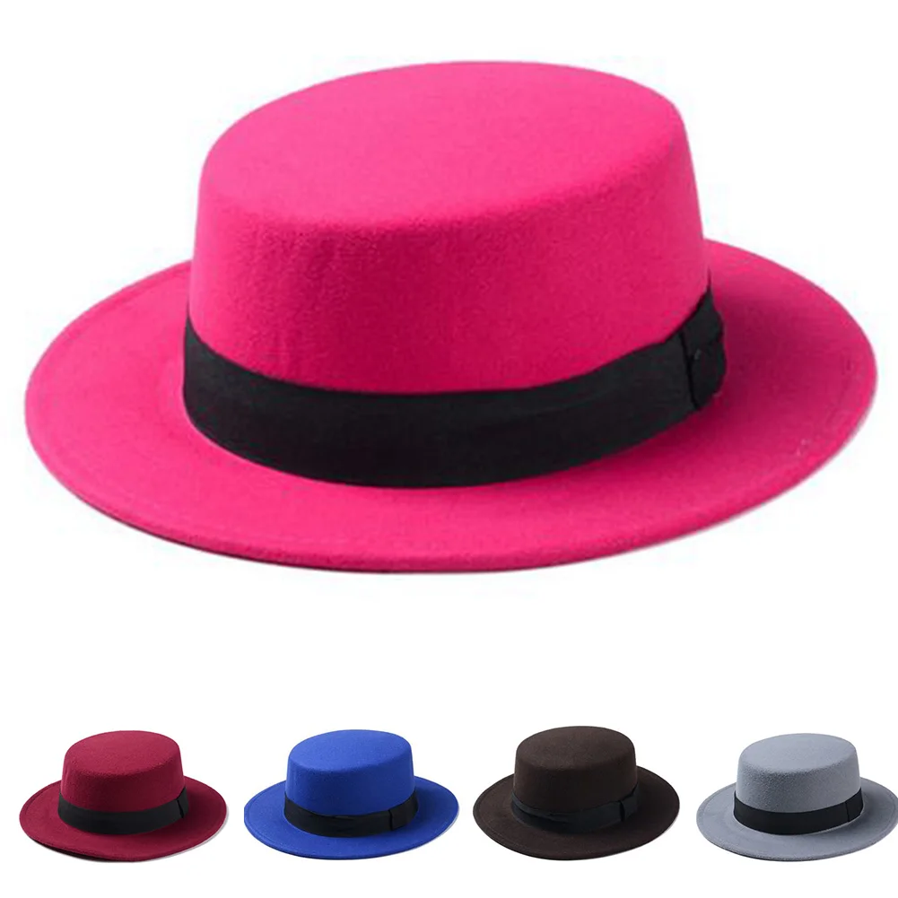 Flat Top Hat Ocaler Femei Wide Brim Fedora Pălărie De Moda Lână Luntraș Simțit Bazinul CapWinter Toamna Clasic De Culoare Solidă De Top De Jazz Capac