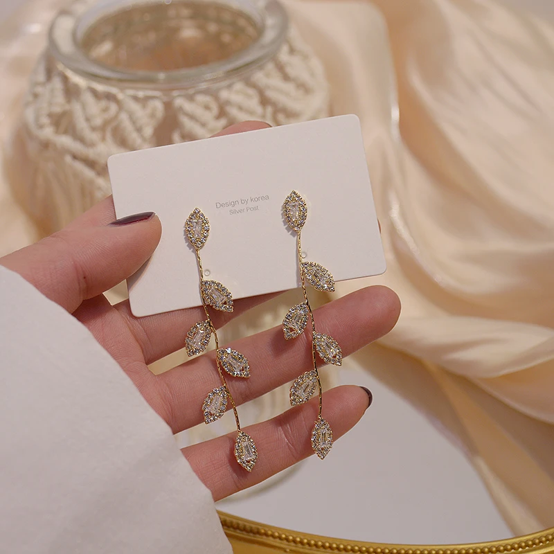 Kinel de Lux 14K Real Placat cu Aur de Frunze Picătură Cercei Delicate Micro Încrustat Cubic Zircon Cercei Mireasa, Bijuterii de Nunta